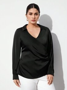 BizChic 加大碼女士翻領褶皺長袖襯衫 - 黑色 - 查看 6