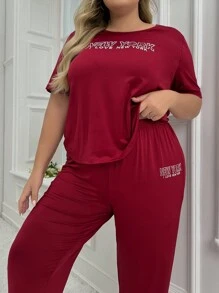 Women's Plus Size Slogan Printed Short-sleeved Trousers Pajama Set - Red - View 6