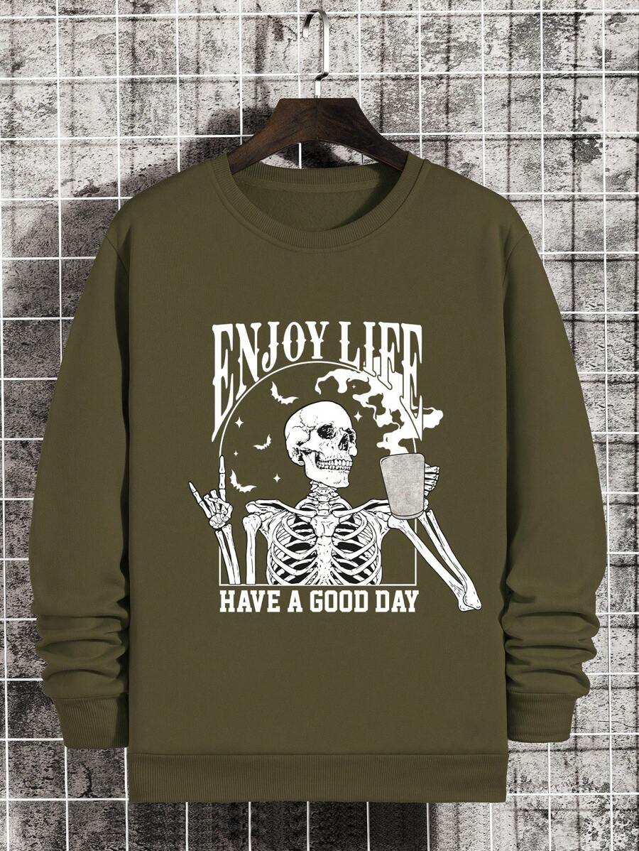 Men'S Slogan Skull Printed Round Neck Sweatshirt - Army Green - View 1