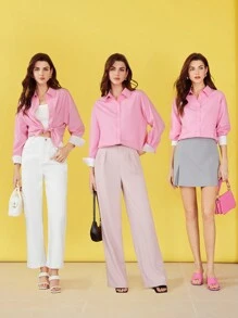 MOTF PREMIUM Dệt Của phụ nữ Thả vai Áo sơ mi - Hồng - Xem 6