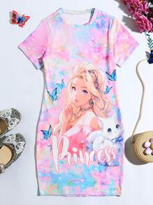 SHEIN Holiday,Summer,TravelTween Girls' Cartoon Portrait Butterfly & Letter Printed Casual Dress - Multicolor - View 1