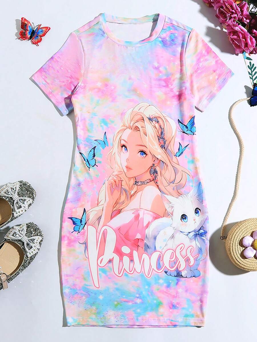 SHEIN Holiday,Summer,TravelTween Girls' Cartoon Portrait Butterfly & Letter Printed Casual Dress - Multicolor - View 1