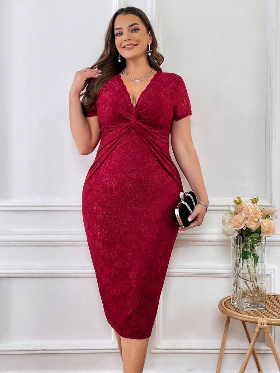 SHEIN Clasi 大尺碼女式扭結細節修身連身裙 - 紅色 - 查看 1