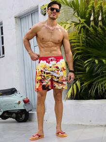 Surfspeed Short De Plage À Taille À Cordon Et Imprimé De Dragon Pour Hommes - Jaune citron - Voir 4