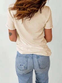 SHEIN LUNE 字母和西部牛仔印花短袖t恤 - 杏色 - 查看 2