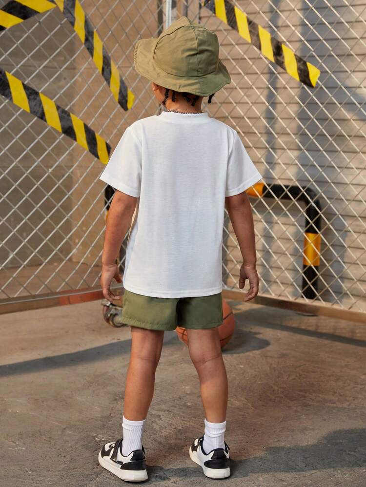 Young Boys Cartoon Printed Short Sleeve Top And Cargo Style Shorts Set