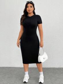 SHEIN EZwear Grote maten Vrouwen Zwart Gebreid Fitting Korte mouwen Jurken