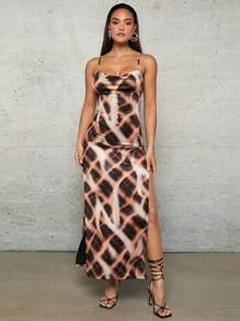 SHEIN BAE 卡其色格子吊帶寬肩露背性感高開叉春夏度假節日服裝長款緊身彈力女裙 - 彩色 - 查看 2