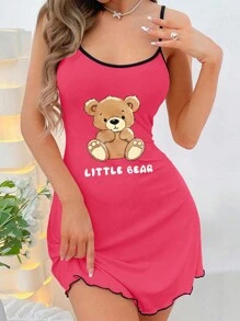 Bear Print Cami Pajama Dress For Sleepwear - Pink - View 1