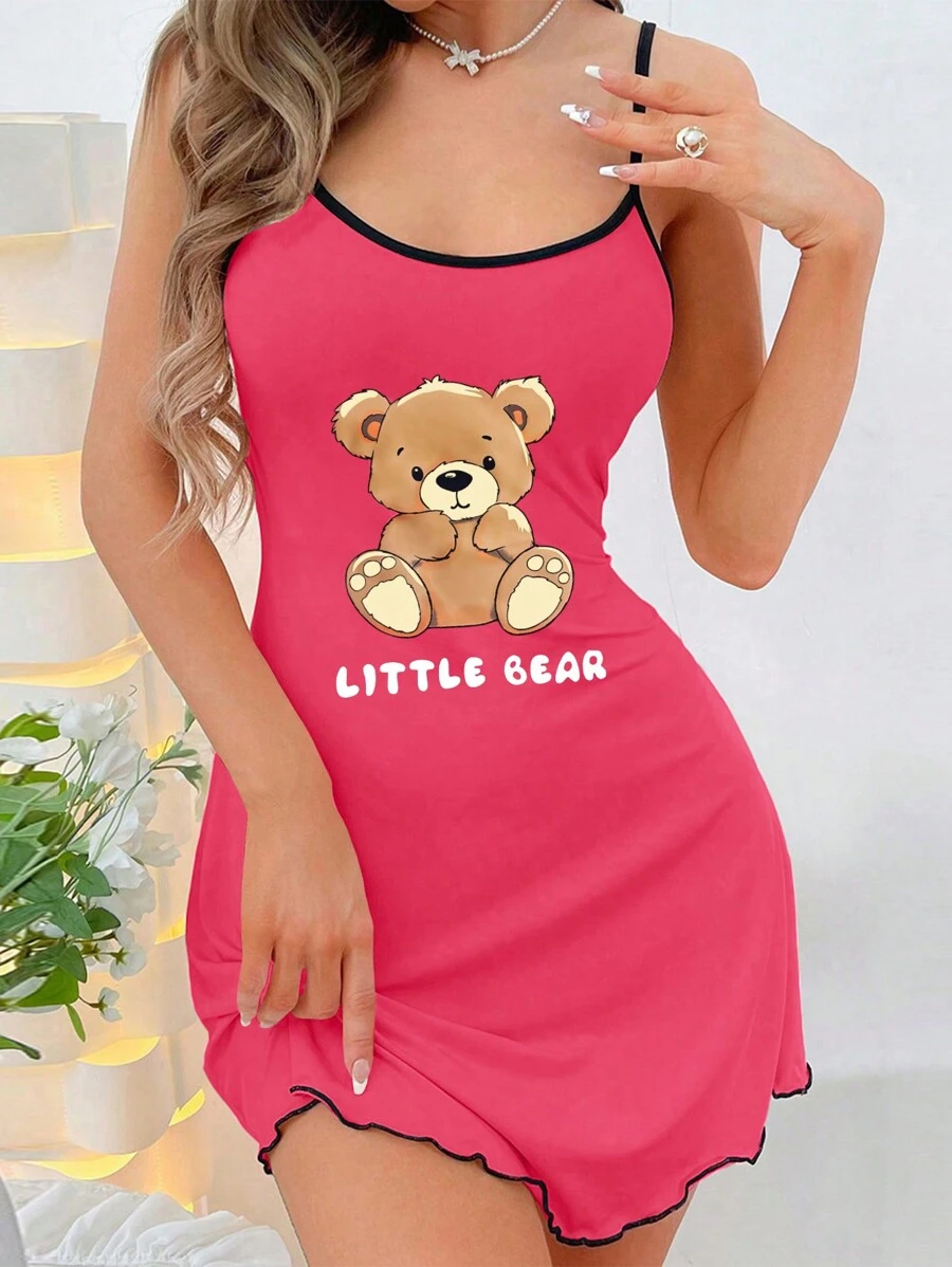 Bear Print Cami Pajama Dress For Sleepwear - Pink - View 1