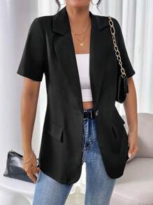 EMERY ROSE Blazer De Manga Corta Color Sólido - Negro - Ver 5