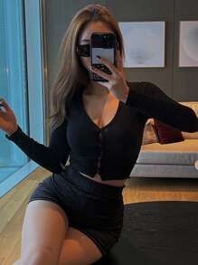 DAZY Women's V-Neck Button Front T-Shirt,Fall Clothes Long Sleeve Women Tops - Black - View 7