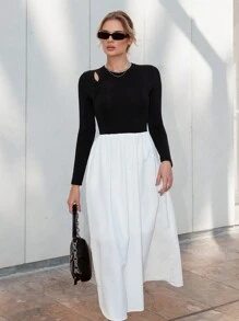 SHEIN Essnce 女士拼接空心休閒裙 - 黑與白 - 查看 6