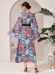 Al Najma Floral Print Bell Sleeve Arabian Dress - Multicolor - View 2