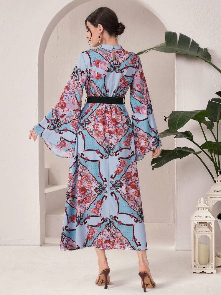Floral Print Bell Sleeve Arabian Dress