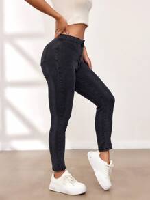 SHEIN EZwear Women's Solid Color Thermal Lined Thermal Jeans Thickened Denim - Black - View 6