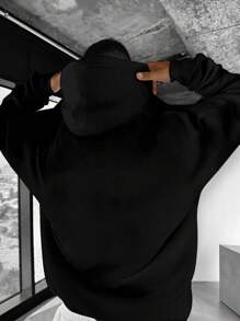 男士口號印花連帽衛衣 - 黑色 - 查看 2