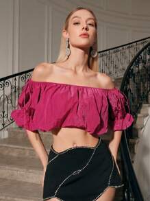 Zolique Blusa De Hombros Descubiertos Para Mujeres Con Mangas Acampanadas - Rosa Fucsia - Ver 7