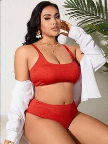 SHEIN Swim Curve Plus Size Women's Solid Color Bikini Set Summer Beach - Red - View 5