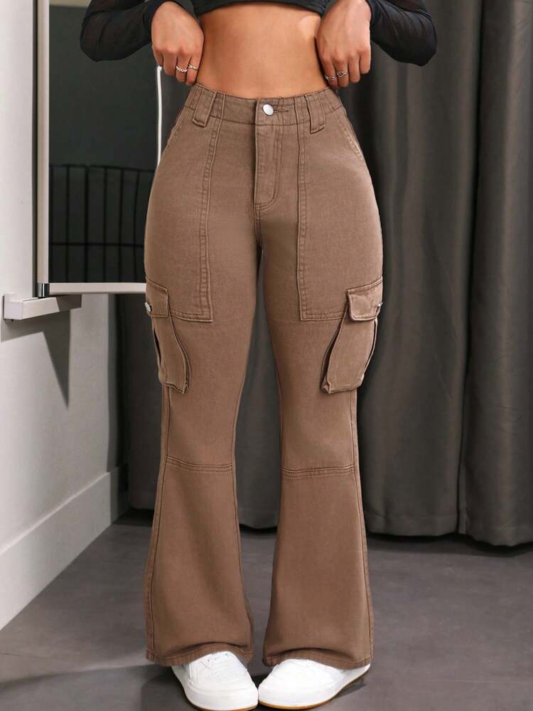 Ladies' Solid Color Flared Cargo Jeans