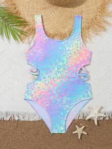 Tween Girls' Gradient Leopard Print Hollow Out One-Piece Swimsuit - Multicolor - View 1
