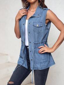 EMERY ROSE 束口腰丹寧背心外套 - 藍色 - 查看 6