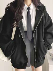 休闲纯色抽绳连帽宽松夹克 - 黑色 - 查看 4