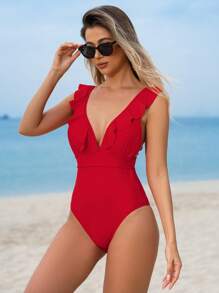 SHEIN Swim Traje De Baño De Una Pieza Para Mujeres Con Cuello En V Y Adornos De Volantes - Rojo - Ver 3