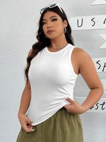 SHEIN EZwear Solid Color Knitted High-Elasticity Plus Size Women'S Tank Top