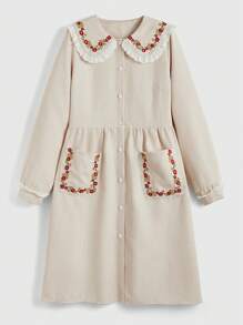 ROMWE J-Fashion Váy suông tay bồng dáng rộng cho nữ có cổ Peter Pan, thêu và ren chắp vá, phong cách Mori Girl - Màu be - Xem 1