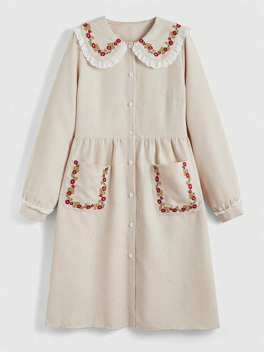 ROMWE J-Fashion Váy suông tay bồng dáng rộng cho nữ có cổ Peter Pan, thêu và ren chắp vá, phong cách Mori Girl - Màu be - Xem 1