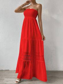 Breezaya 女士纯色褶皱无肩带连衣裙，适合新年穿着，可作长款度假沙滩装 - 紅色 - 查看 3