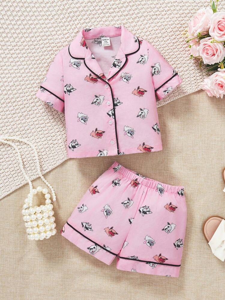 Baby Girls' Cute Dog Patterned Short Sleeve Top With Elastic Waist Shorts Set, Homewear