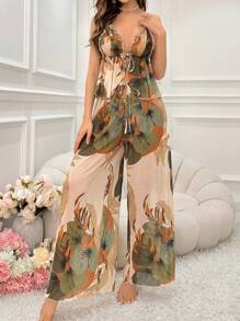Ladies' Backless Tie Front Tank Top And Pants Pajama Set