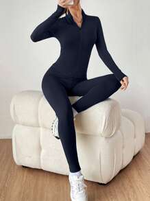 SHEIN EZwear 女式拉链半襟长袖 T 恤和紧身裤套装 - 藏蓝色 - 查看 3