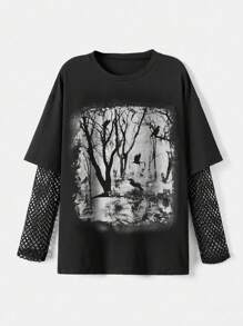 ROMWE Black Gothic Forest Silhouette Printed Mesh Jointed Long Sleeve 2 In 1 T-Shirt, School - Black - View 2