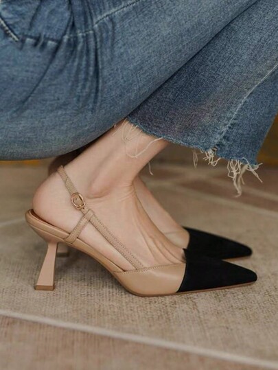 Sandalias planas con lazo de estilo francés para mujer en otoño/invierno, nuevos tacones altos de punta fina con hebilla y bloques de color para el verano, tacones de gatito de bajo escote, elegantes, para fiesta