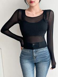 Dazy Designer Của phụ nữ Nhìn xuyên qua Lưới Nối 2 trong1 Áo thun - trắng - Xem 5