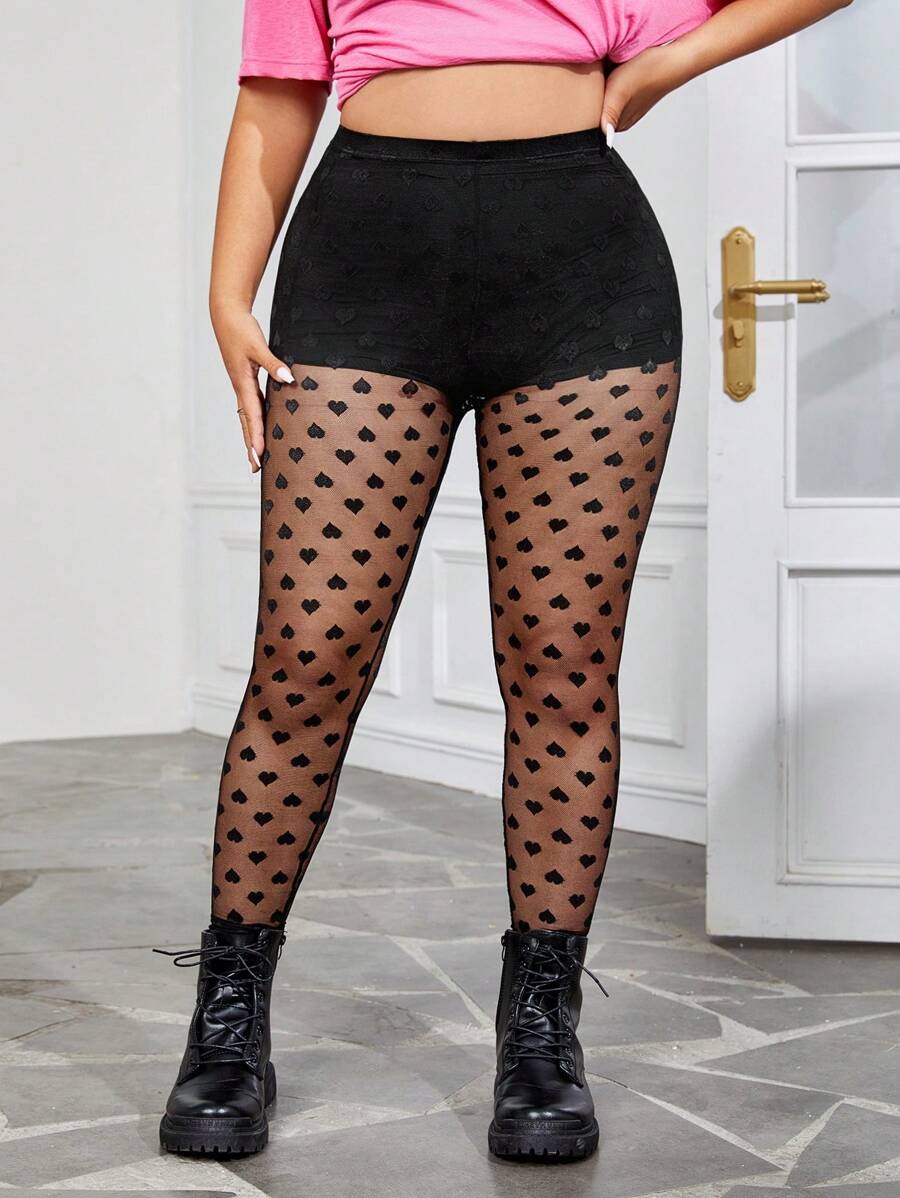 SHEIN EZwear Ngày lễ tình nhân Tim Lưới Dài Eo cao Xà cạp - màu đen - Xem 1