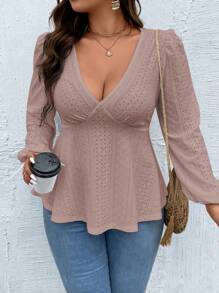 EMERY ROSE 大碼網眼刺繡燈籠袖荷葉邊下擺T恤 - 藕粉色 - 查看 4