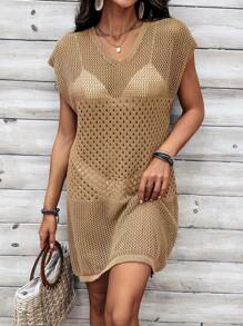 Breezaya Quý cô Màu thuần Rỗng Áo len dệt kim Đầm - màu nâu - Xem 6