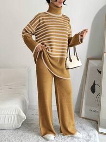 EURMUSE Women'S Striped Turtleneck Sweater And Solid Color Wide Leg Pants Two-Piece Set - Multicolor - View 5