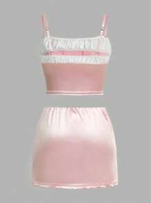 SHEIN BAE Conjunto De Camiseta Sin Mangas Con Tirantes Con Lazo De Bloque De Color Romántico Y Falda De Cintura Baja Para El Día De San Valentín, Para Mujeres