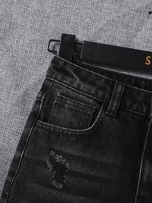 SHEIN Tween Boys' Distressed Denim Shorts With Washed Details - Dark Grey - View 3