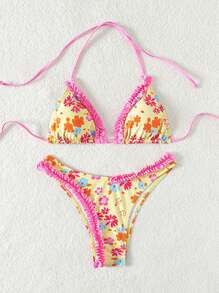 Swim Mod Summer Beach Ditsy Floral Ruffled Bikini Set With Separated Top And Bottom Music Festival - Multicolor - View 5