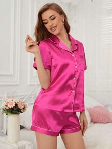 Của phụ nữ Khối màu Bộ mặc nhà - Màu Hồng Tươi - Xem 3