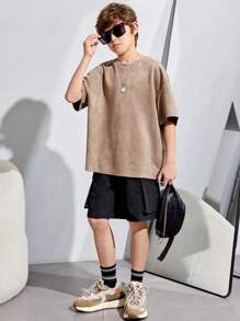 SHEIN Tween Boy Loose Fit Solid Color Suede T-Shirt - Grey - View 6