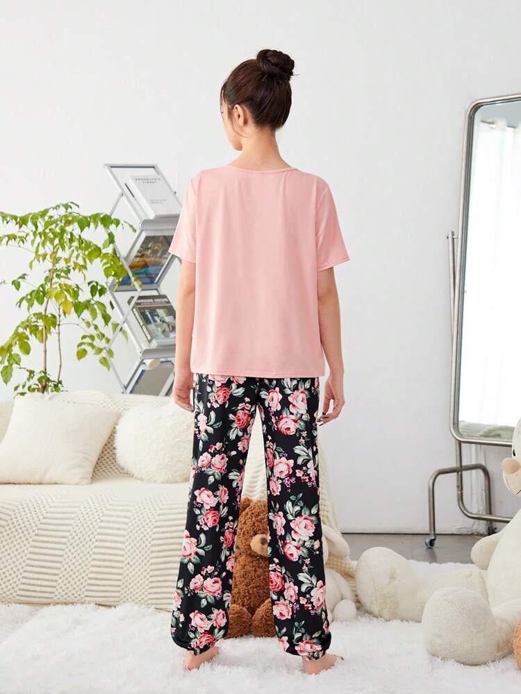 Teen Girls' Knit Loose Fit Round Neck Top And Flower Patterned Joggers Pajama Set