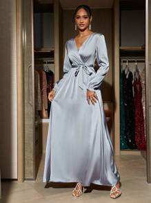 SHEIN Belle Bridesmaid Dress With V-Neck, Long Sleeves And High Slit Elegant Formal Evening Prom Wedding Guest Gown, For Graduation, Dinner