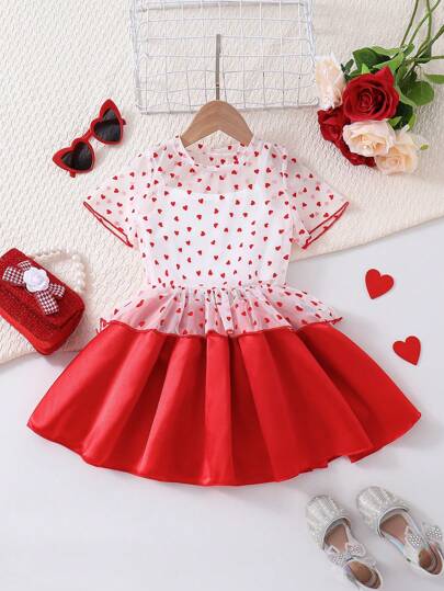 SHEIN Young Girls' Valentine's Day Heart Flocking Mesh Casual Party Red & White Two Pieces Set